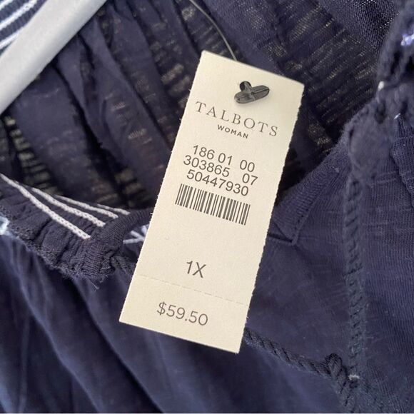 Talbots 100% cotton embroidered blouse, 1X Navy, 3/4 length sleeves NWT - Picture 2 of 6